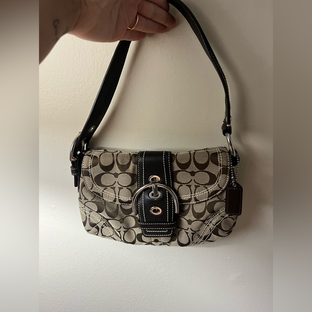 Coach Beige Signature Canvas Shoulder Bag with Black Trim